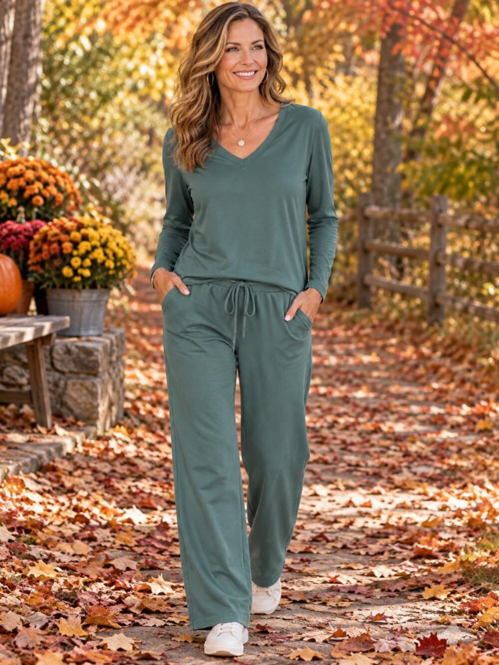 ZENANA Pants Elastic Waist Wide Leg Ash Jade L
